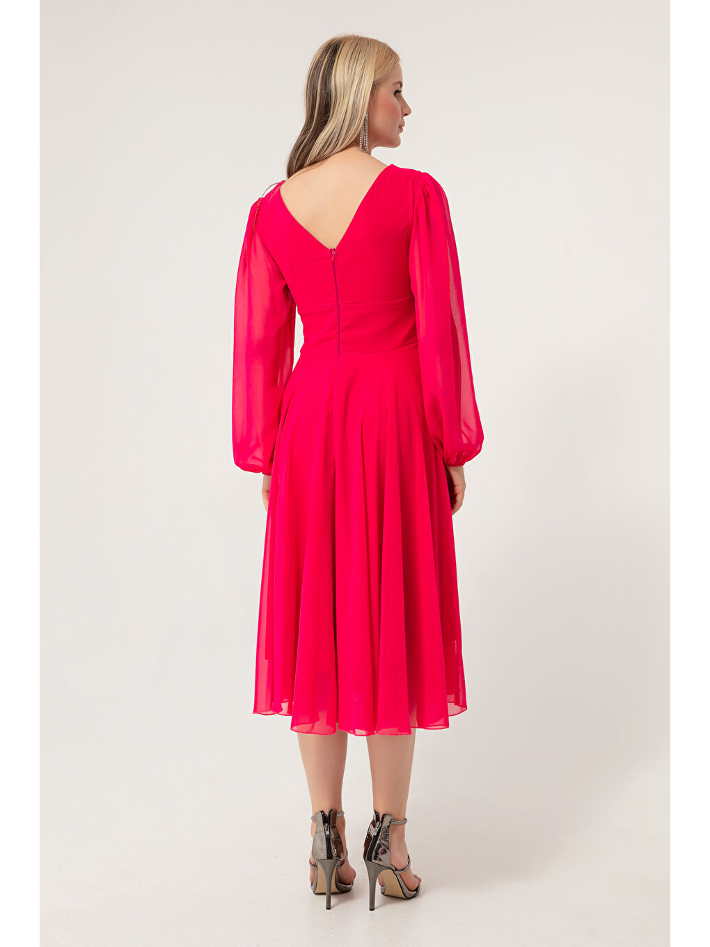 Kadın Fuşya Taşlı Kemerli Kloş Abiye-4