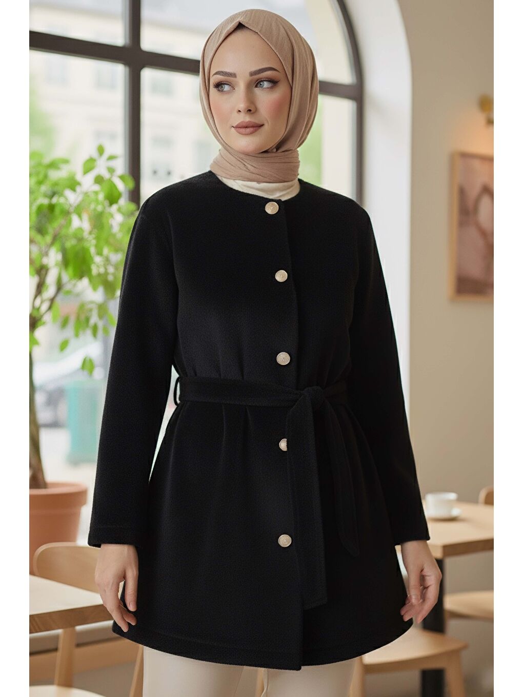 Değmeli Kuşaklı Kaşe Ceket Siyah - 28008-SIYAH-2