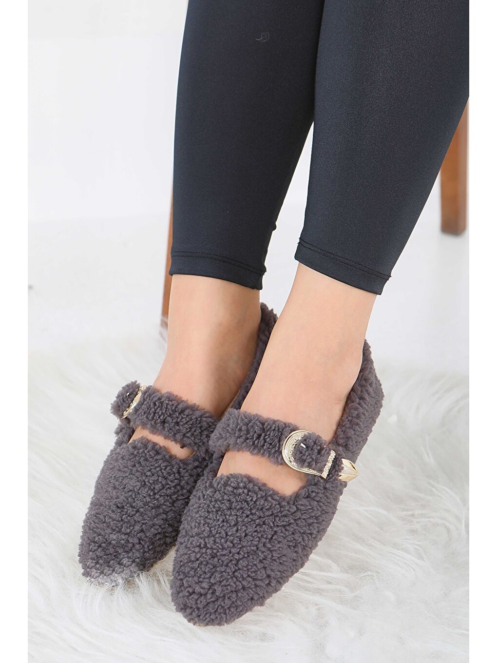 Kadın Antrasit Kemer Detaylı Pelüş Babet - 27910-ANTRASIT-2