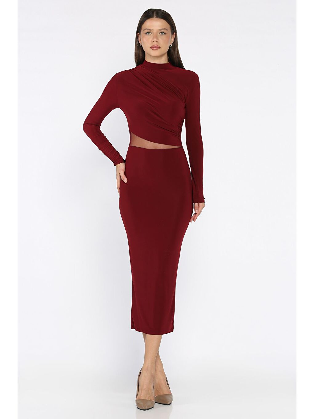 Bordo Kadın Omuz Ve Bel Drapeli Tül Detaylı Elastanlı Elbise-1
