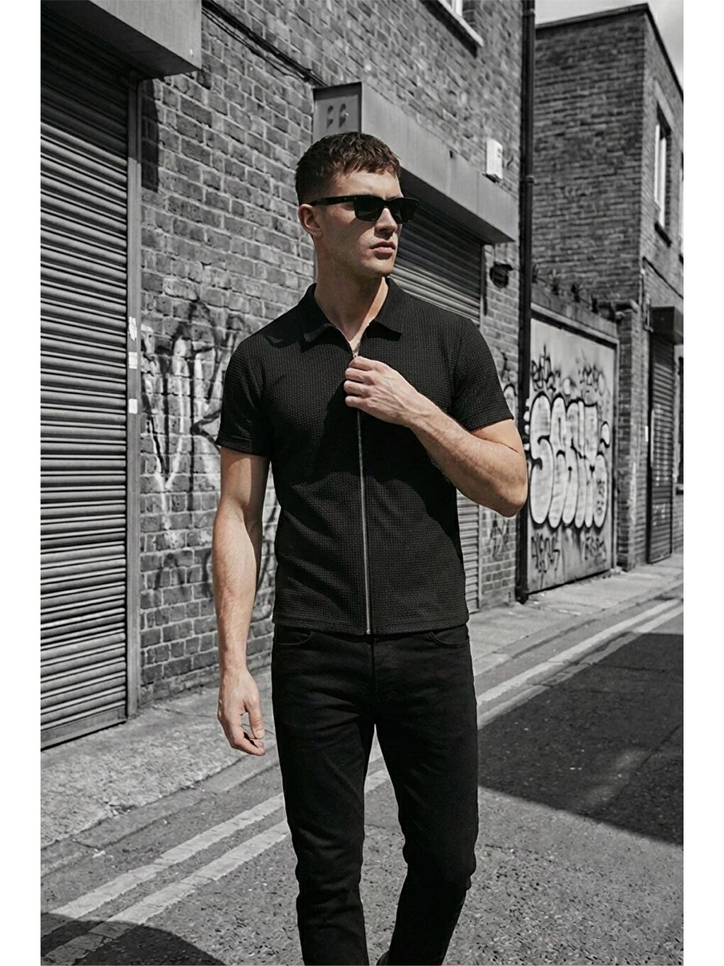 Siyah Qui Fermuar Detaylı Polo Yaka Dokulu Örme Gömlek Ceket-1