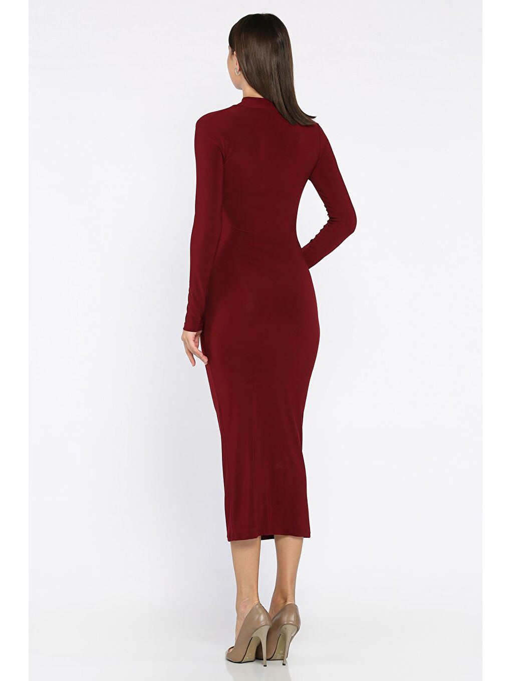 Bordo Kadın Omuz Ve Bel Drapeli Tül Detaylı Elastanlı Elbise-2