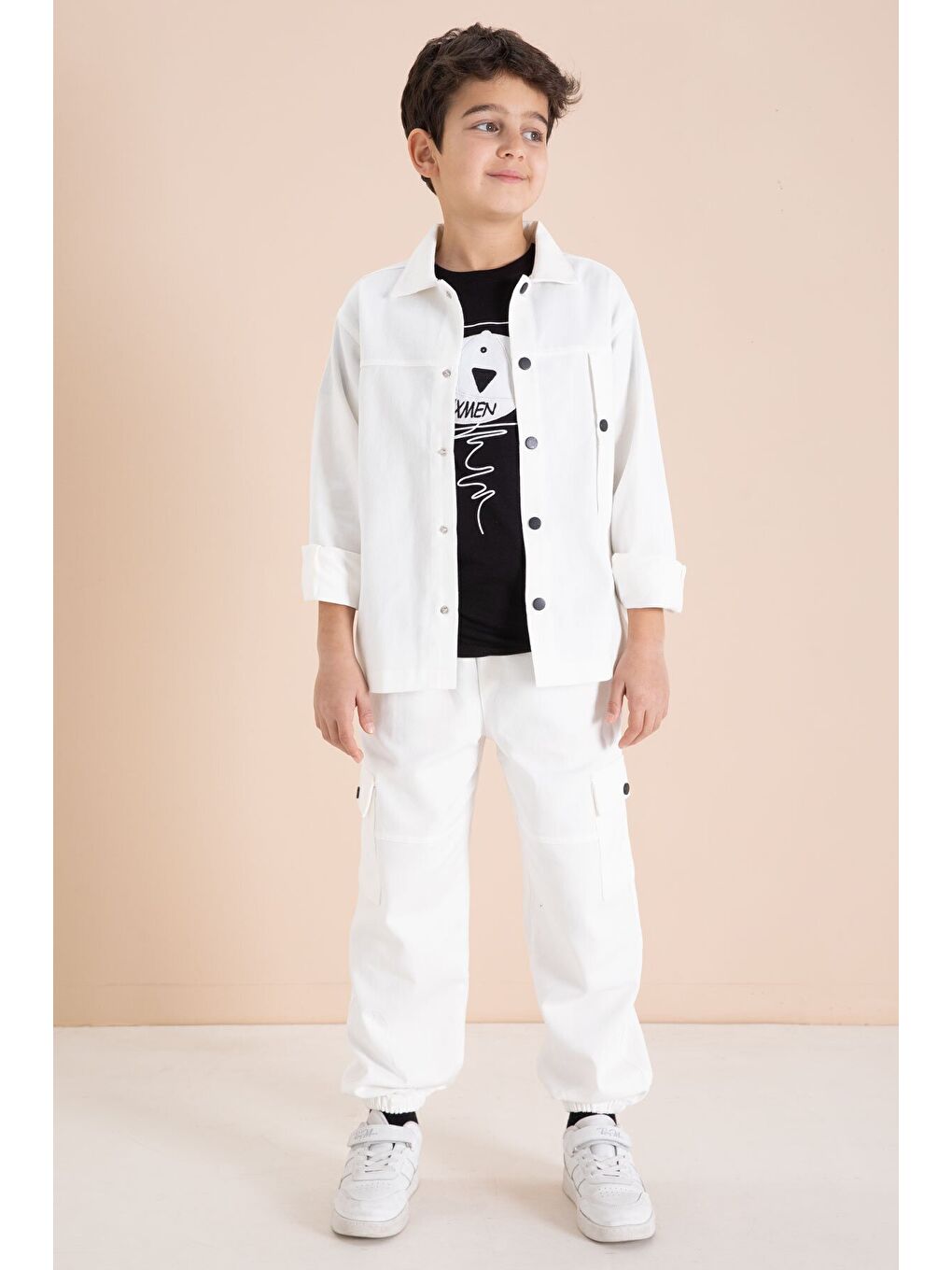 Ekru Kargo Cepli Jean Ceketli ve Pantolonlu Erkek Çocuk Tişörtlü 3lü Takım 23538-1