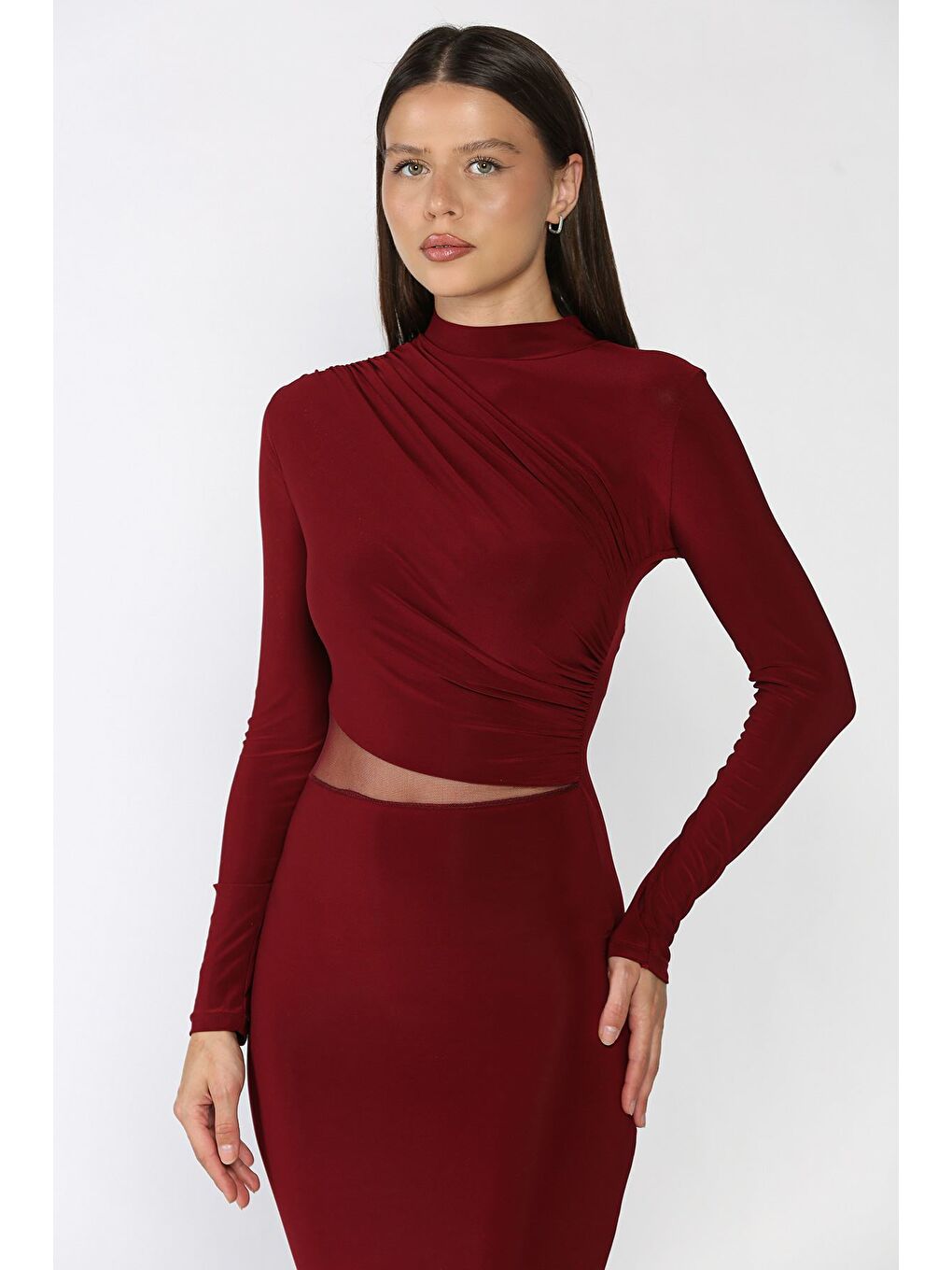 Bordo Kadın Omuz Ve Bel Drapeli Tül Detaylı Elastanlı Elbise-3