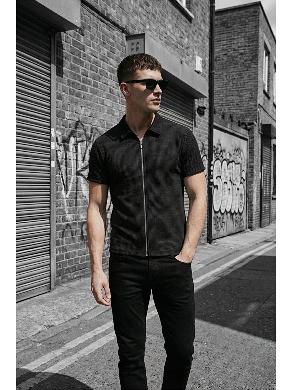 Siyah Qui Fermuar Detaylı Polo Yaka Dokulu Örme Gömlek Ceket-2