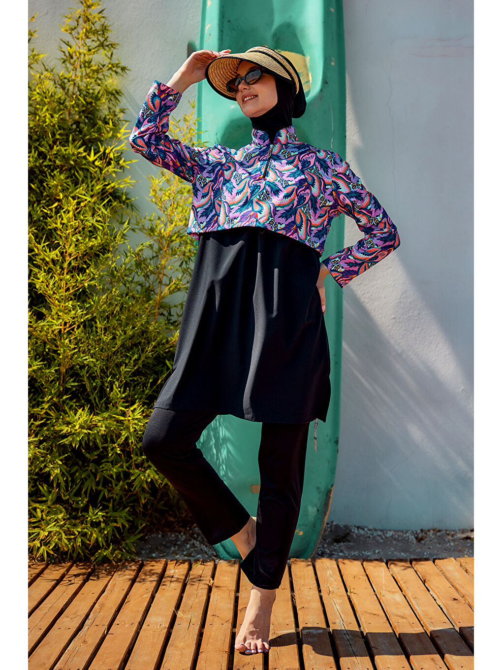 Önü Kapaklı Tam Kapalı Tesettür Mayo Siyah06 R5206-2