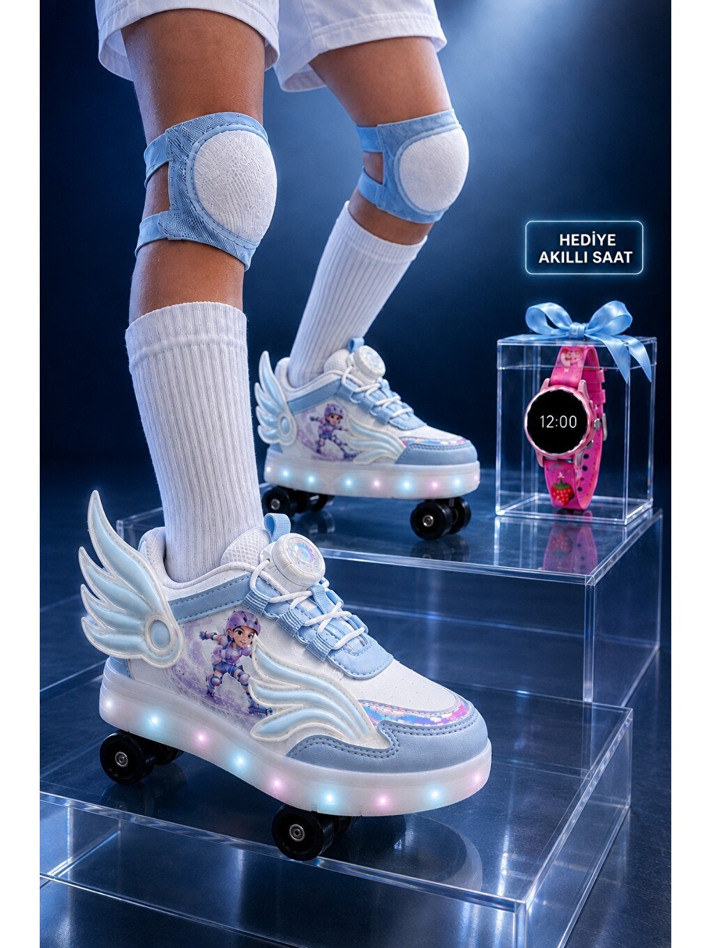 Mavi Wıngs Çocuk Kanat Detaylı Işıklı Patenli Tekerlekli Sneaker Spor Ayakkabı-3