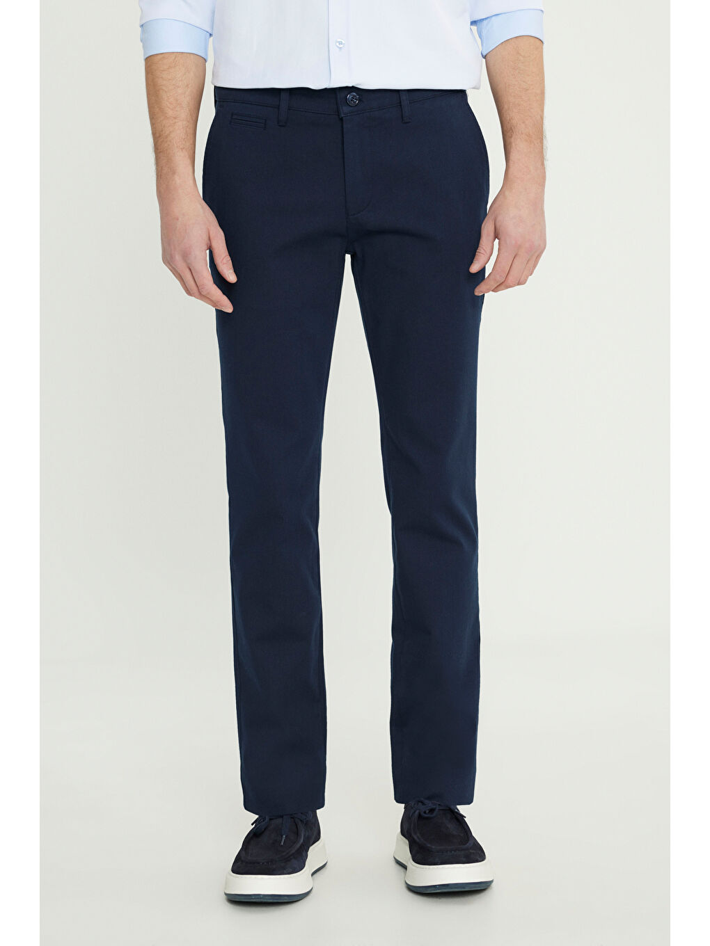 Erkek Lacivert Pamuklu Slim Fit Dar Kesim Armürlü Yan Cepli Esnek Casual Pantolon-1