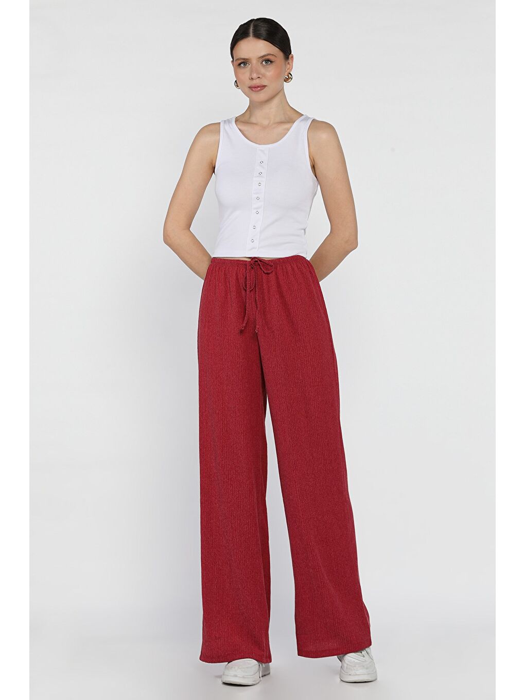 Bordo Kadın Bel Bağlamalı Elastanlı Kumaş Pantolon-1