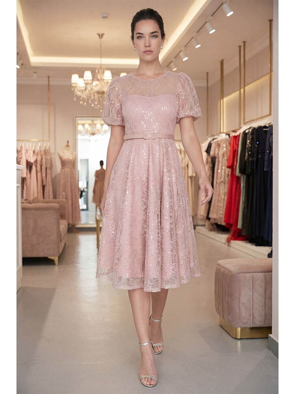 Pembe Kadın Pudra Balon Kol Kemerli Söz Nişan Nikah Abiye Elbise-4