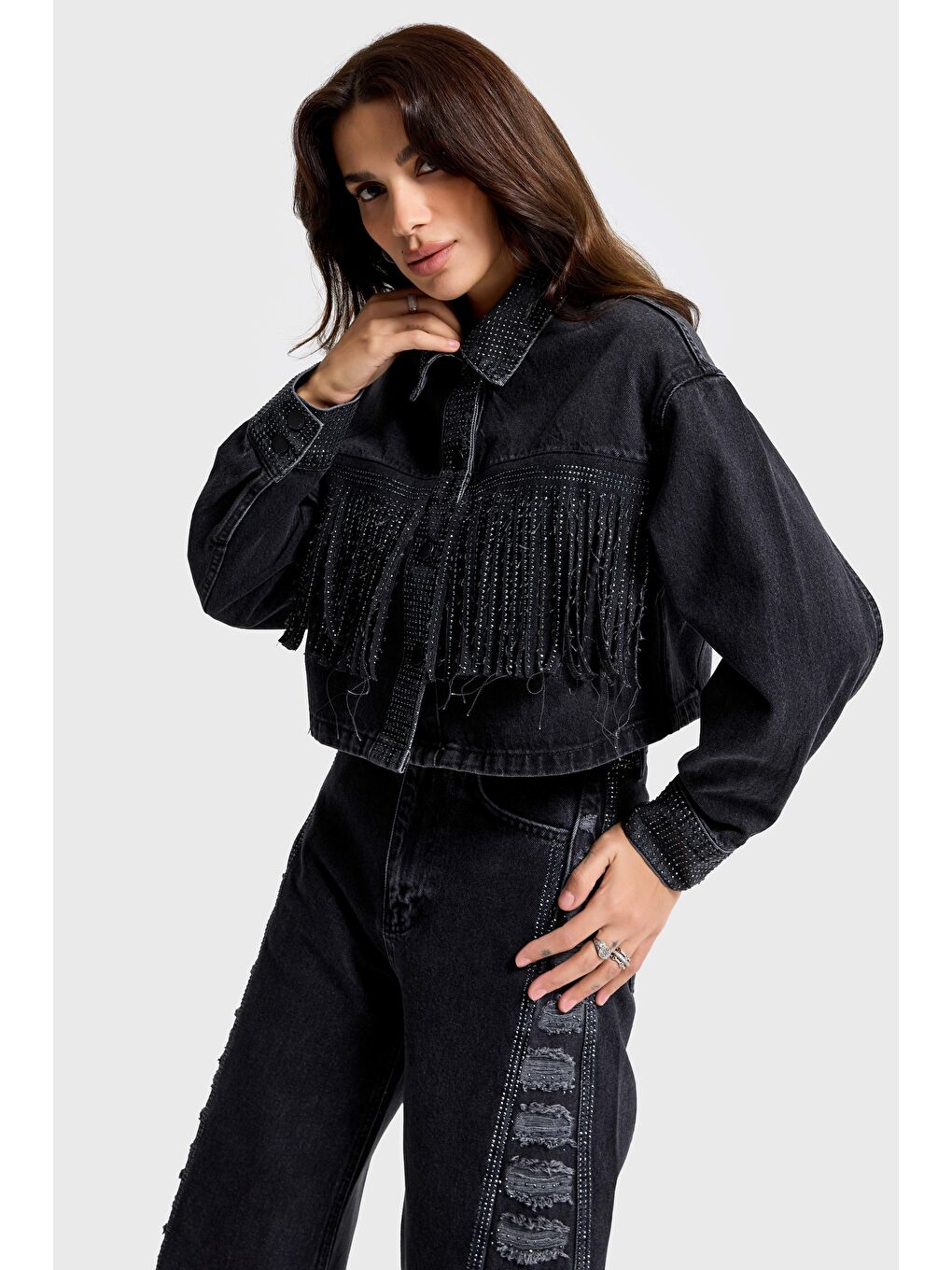 Gri Kadın Füme Renk T-1w5-1 Crop Fit Düğmeli Özel Tasarım Denim Ceket-2