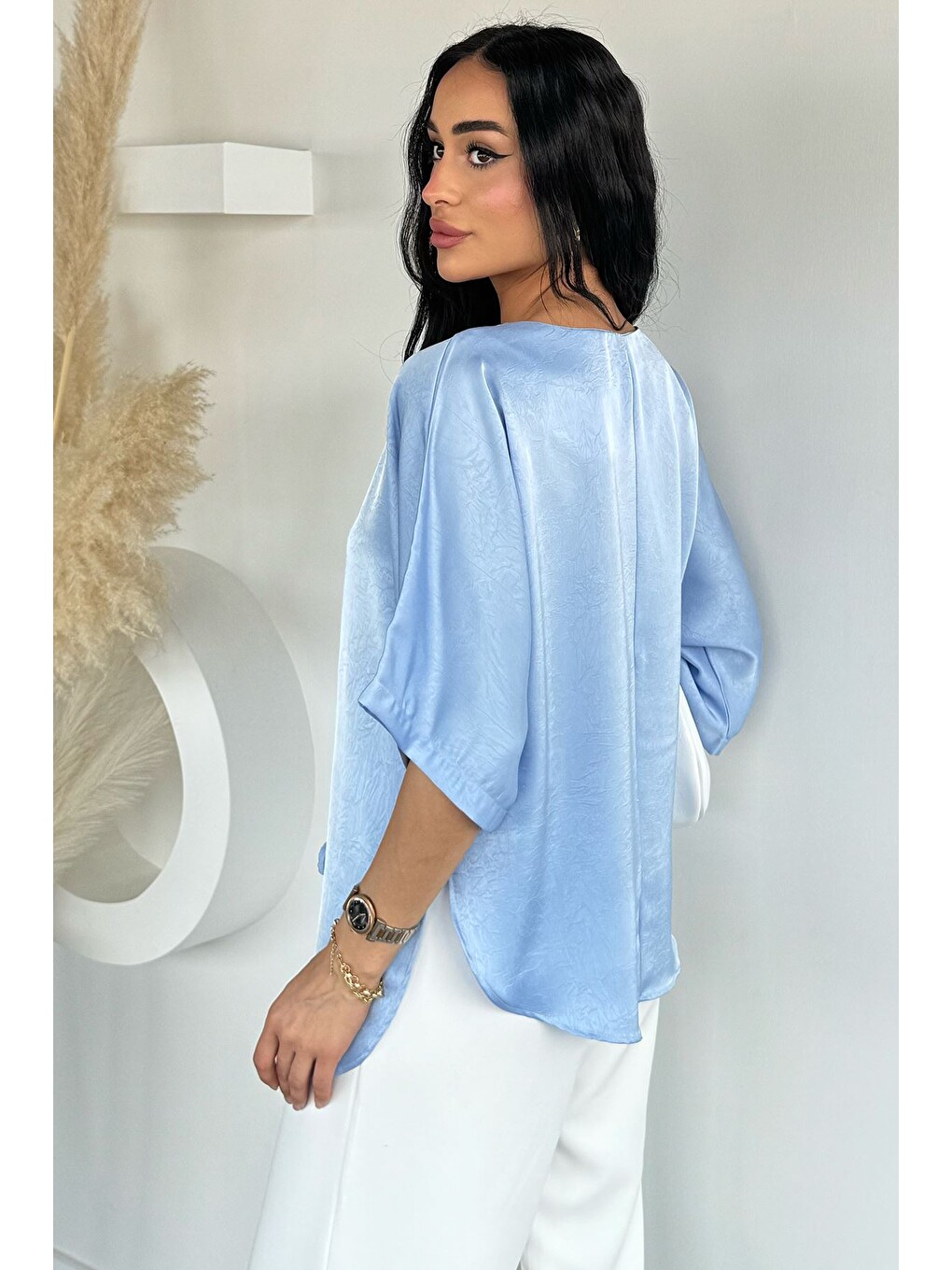 Mavi Kadın Bağcıklı Saten Bluz-3