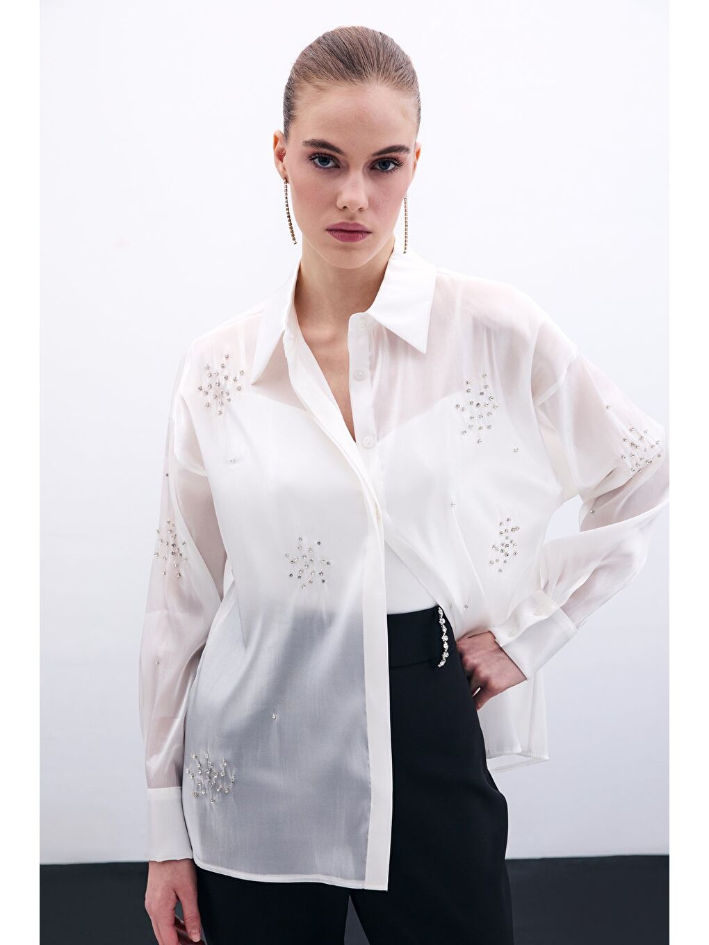 İşlemeli Organze Gömlek - Ekru-1