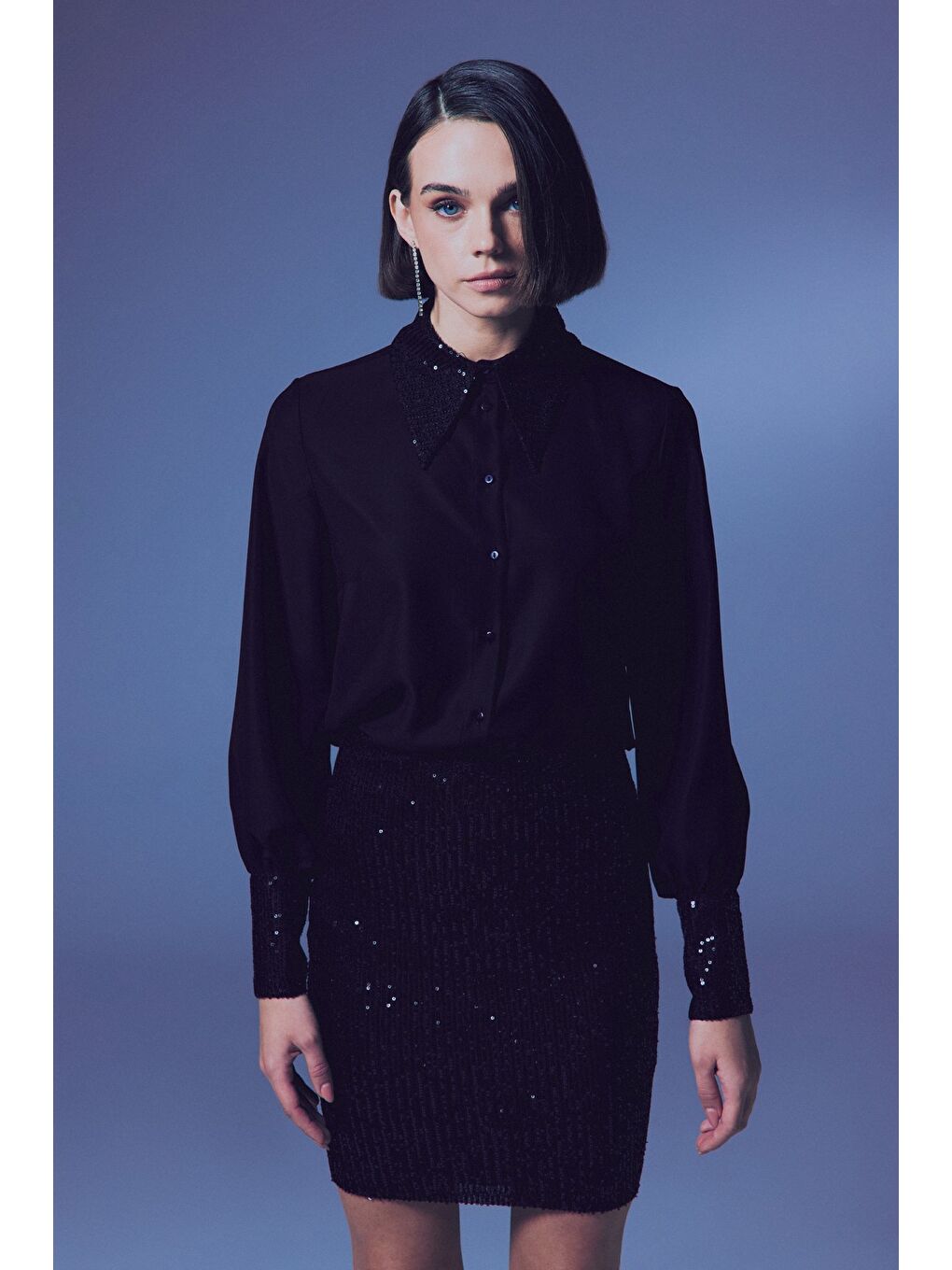 Payet Detaylı Gömlek - Siyah-Siyah-1