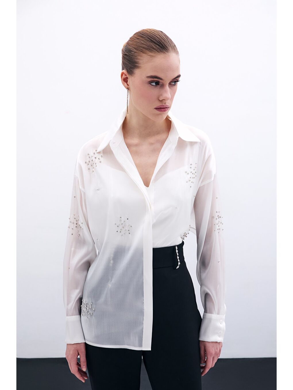 İşlemeli Organze Gömlek - Ekru-2