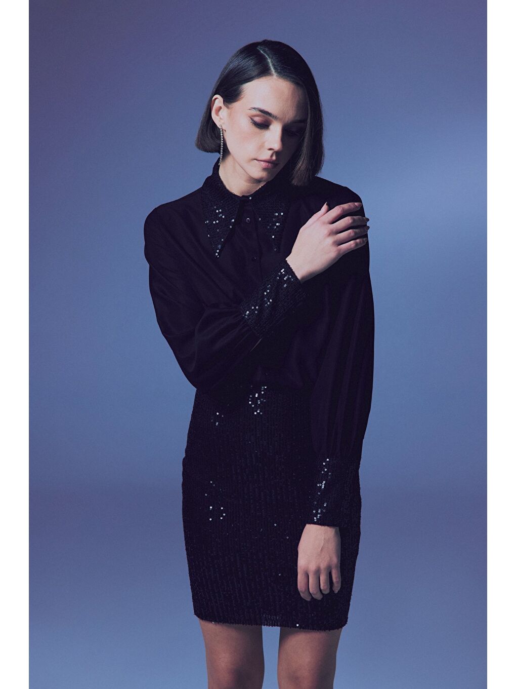 Payet Detaylı Gömlek - Siyah-Siyah-2