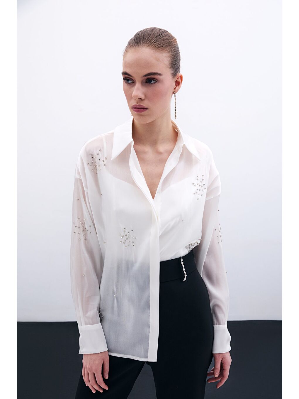İşlemeli Organze Gömlek - Ekru-3