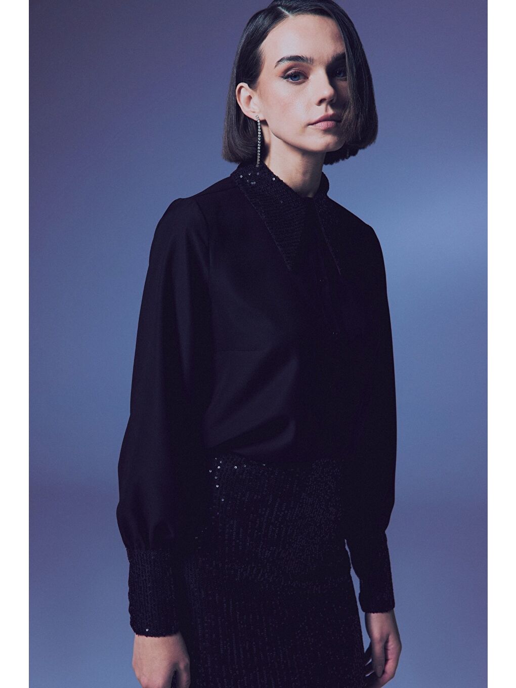 Payet Detaylı Gömlek - Siyah-Siyah-3