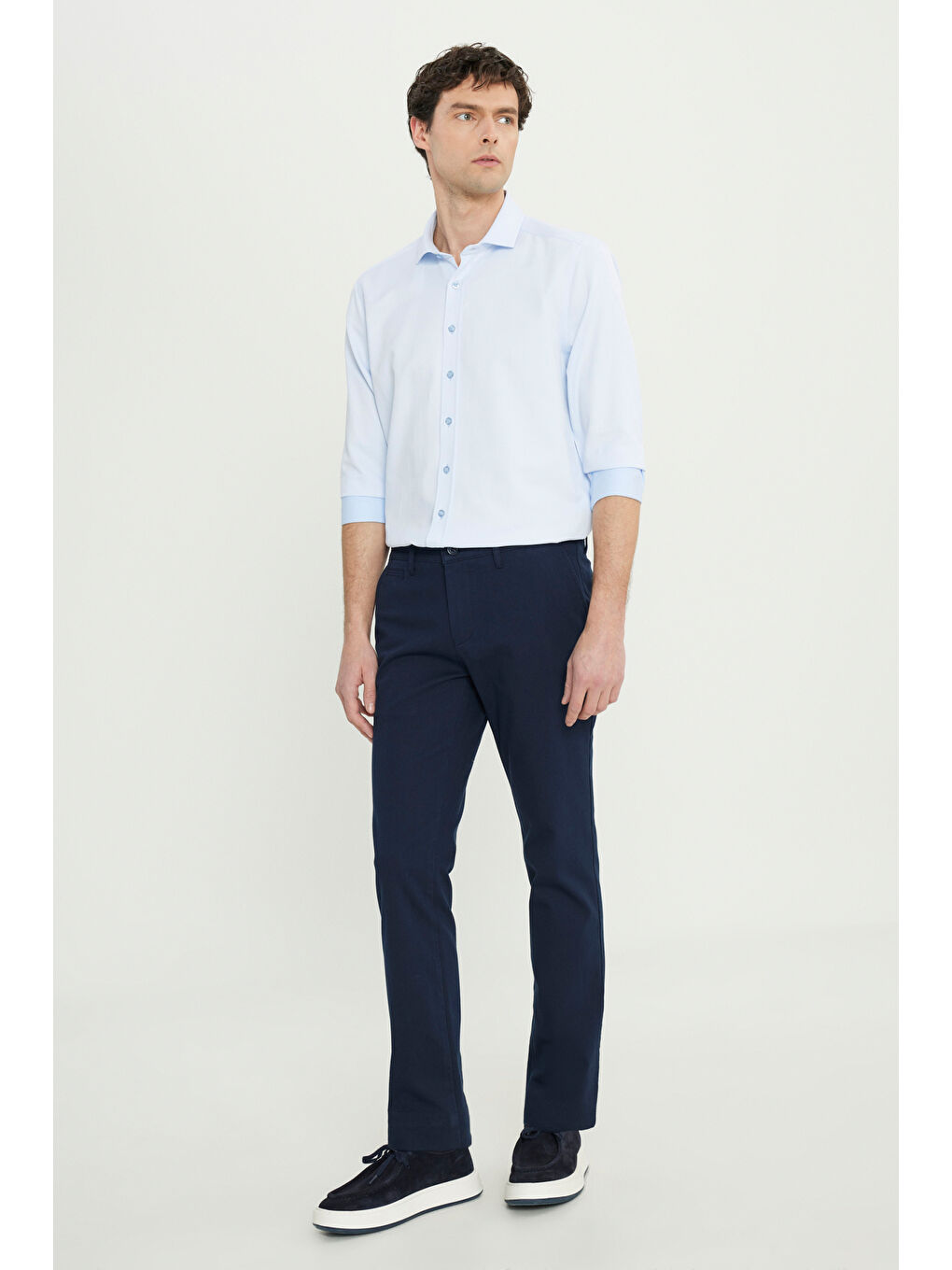 Erkek Lacivert Pamuklu Slim Fit Dar Kesim Armürlü Yan Cepli Esnek Casual Pantolon-2