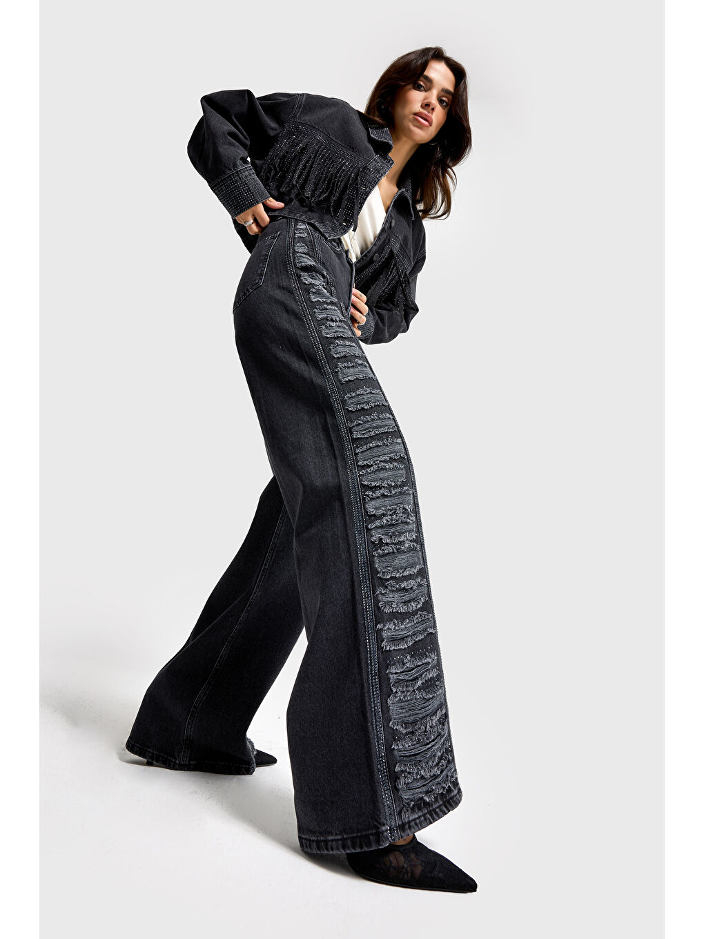 Gri Kadın Füme Renk T-9w5-1 Flare Fit Özel Tasarım %100 Pamuk Denim Jean-2