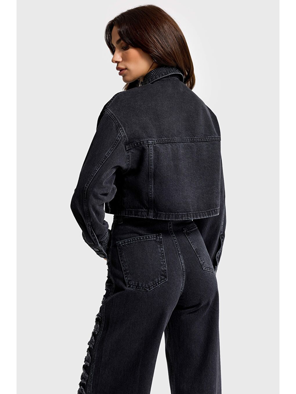 Gri Kadın Füme Renk T-1w5-1 Crop Fit Düğmeli Özel Tasarım Denim Ceket-3