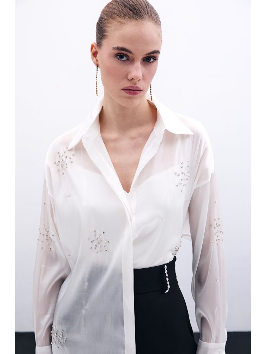 İşlemeli Organze Gömlek - Ekru-4