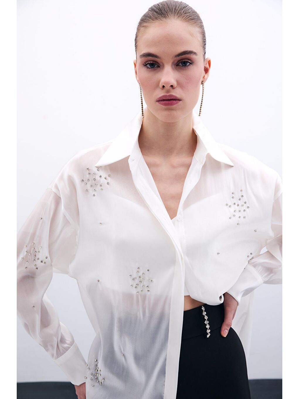 İşlemeli Organze Gömlek - Ekru-5