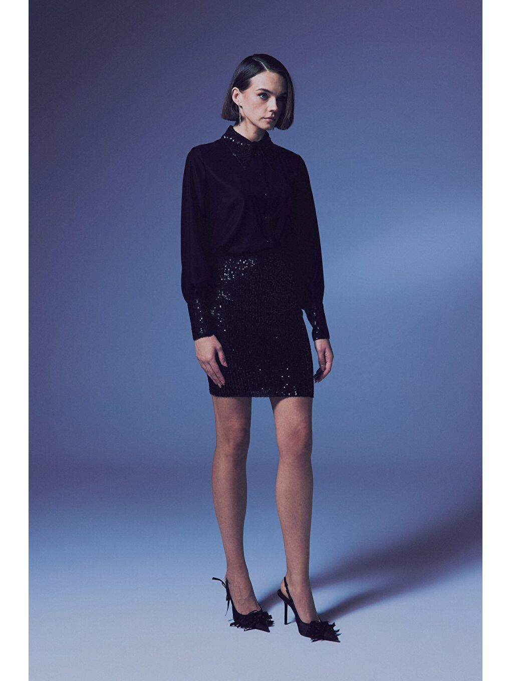 Payet Detaylı Gömlek - Siyah-Siyah-5