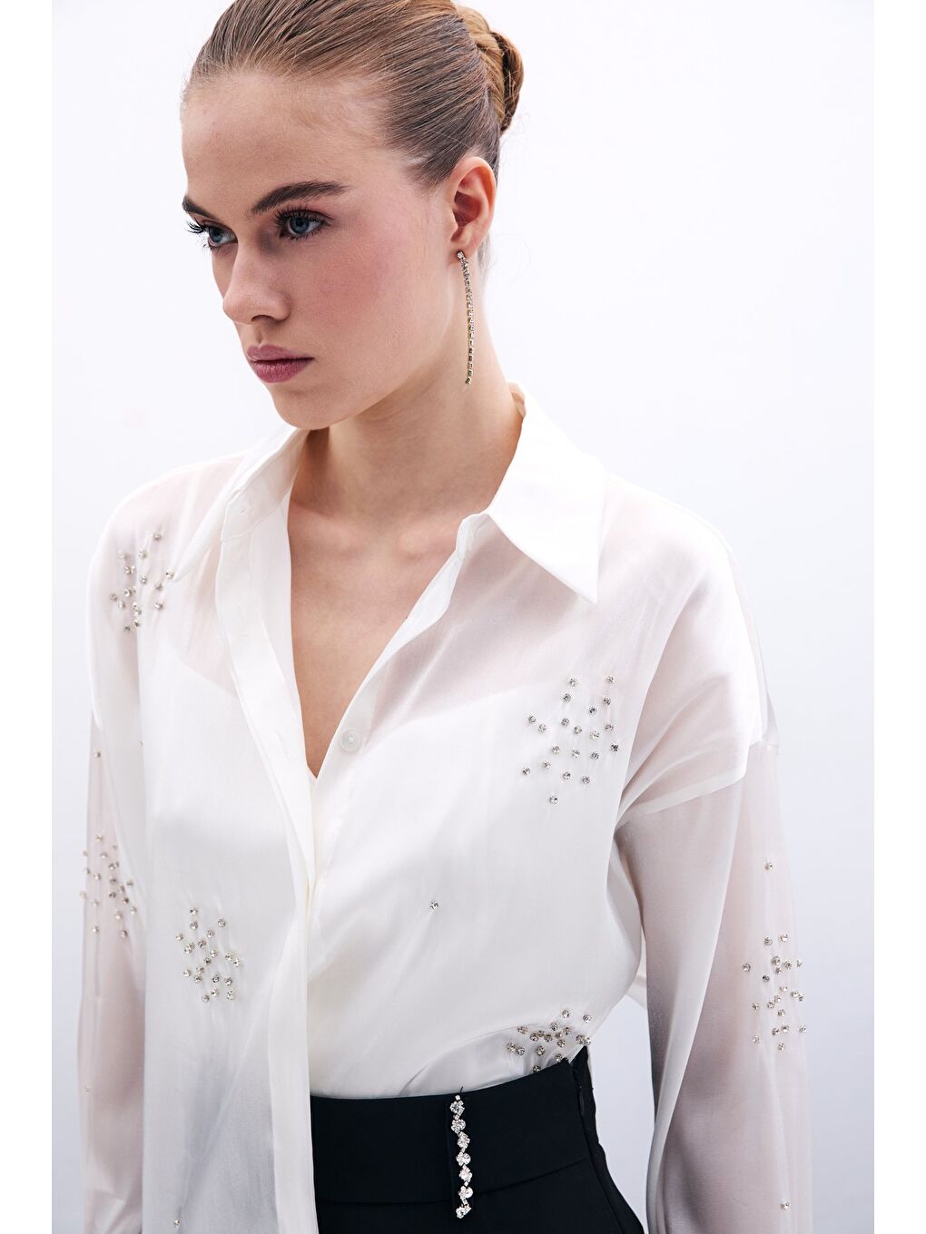 İşlemeli Organze Gömlek - Ekru-6