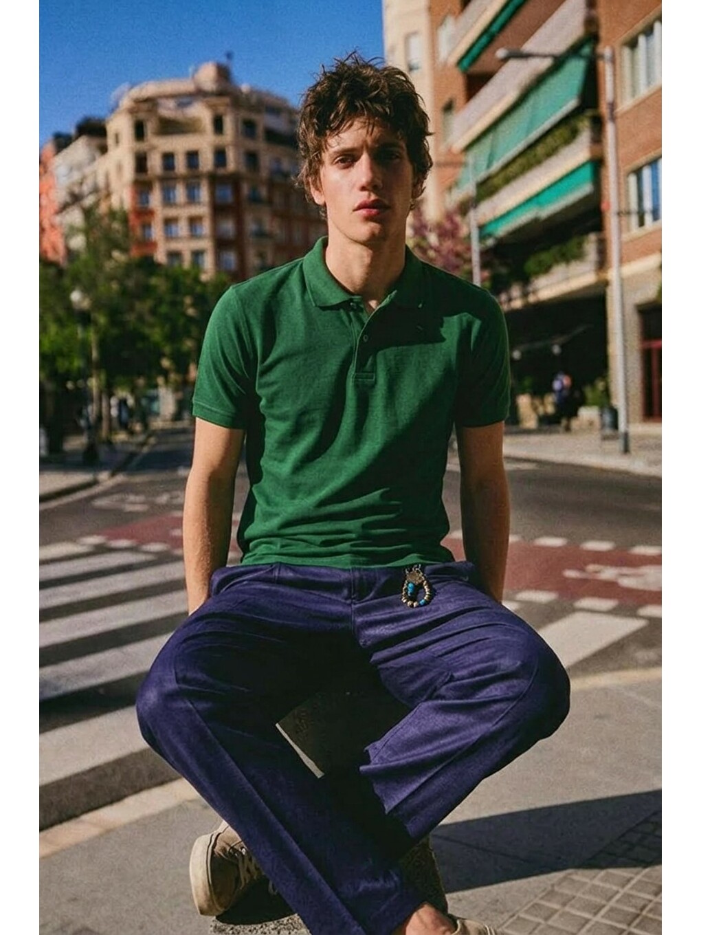 Erkek Basic Sokak Stili Yeşil Polo Yaka Tişört-3