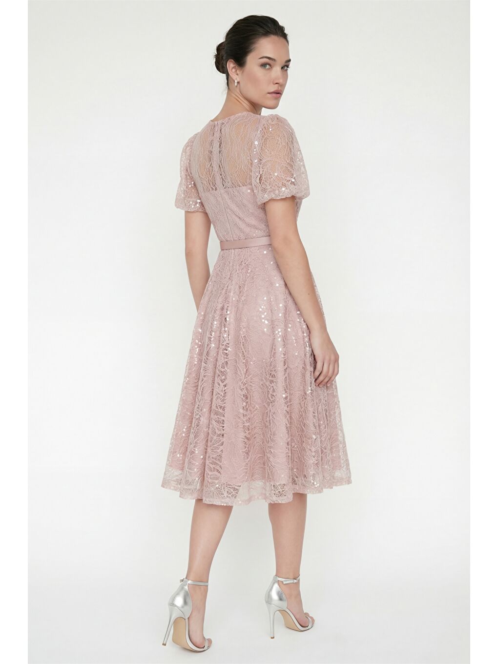 Pembe Kadın Pudra Balon Kol Kemerli Söz Nişan Nikah Abiye Elbise-5