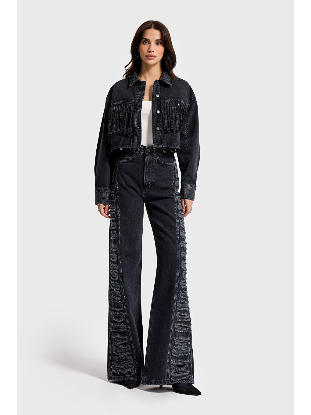 Gri Kadın Füme Renk T-1w5-1 Crop Fit Düğmeli Özel Tasarım Denim Ceket-4