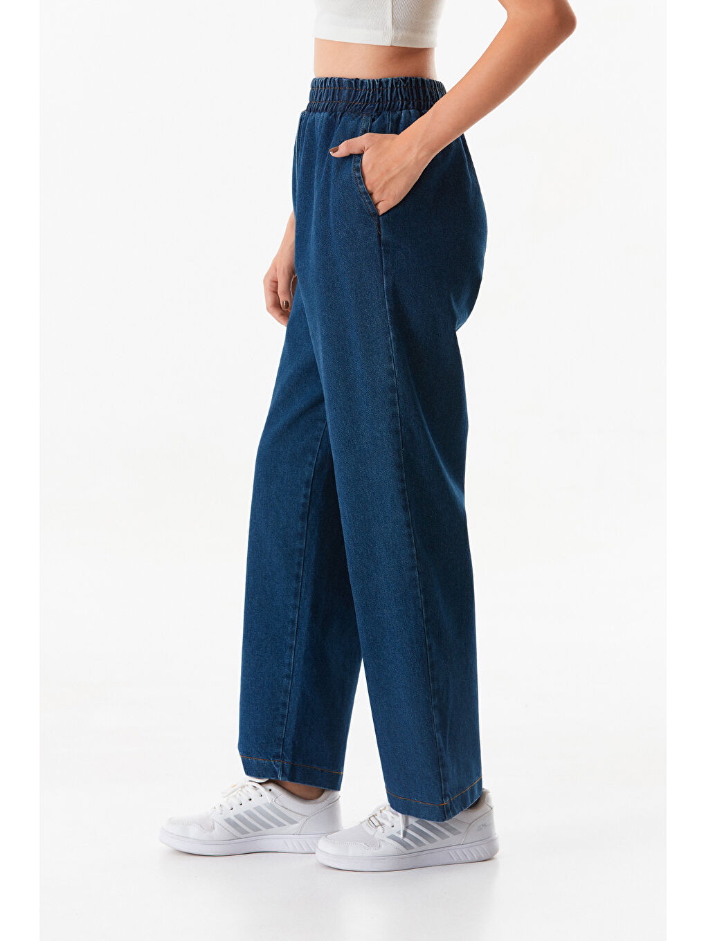 Fullamoda Lacivert Beli Lastikli Cepli Wide Leg Jean - 4