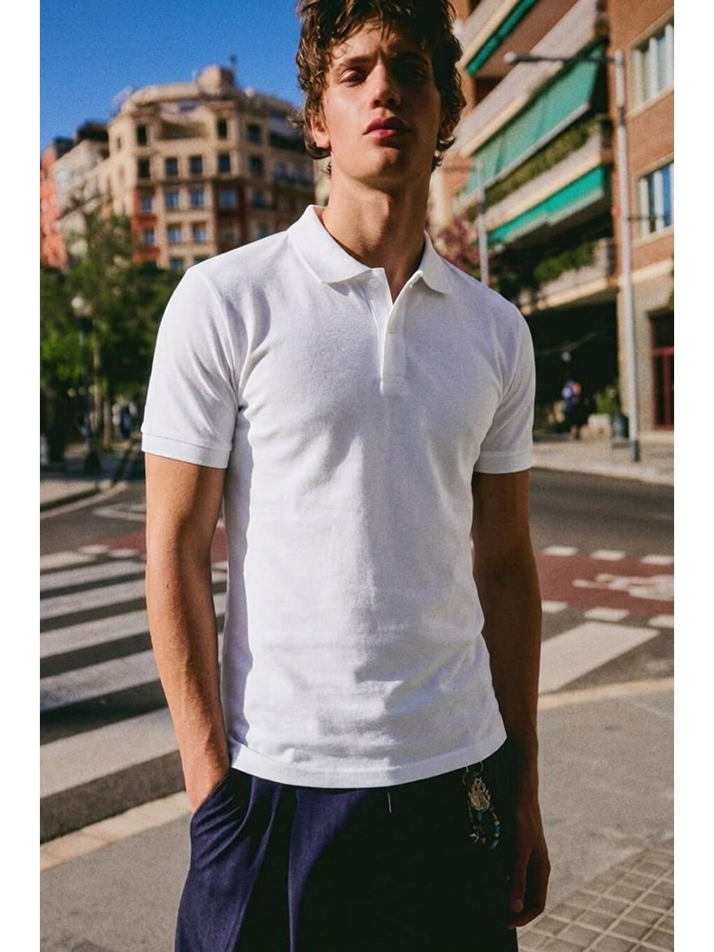 Erkek Basic Sokak Stili Beyaz Polo Yaka Tişört