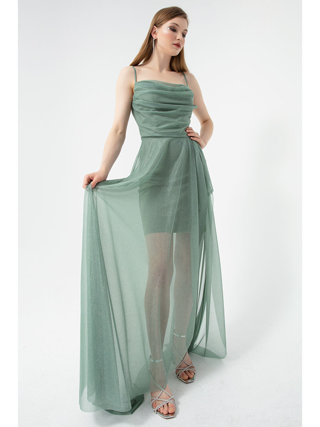 Kadın Mint Yeşili Göğüs Drapeli Volanlı Simli Abiye-1