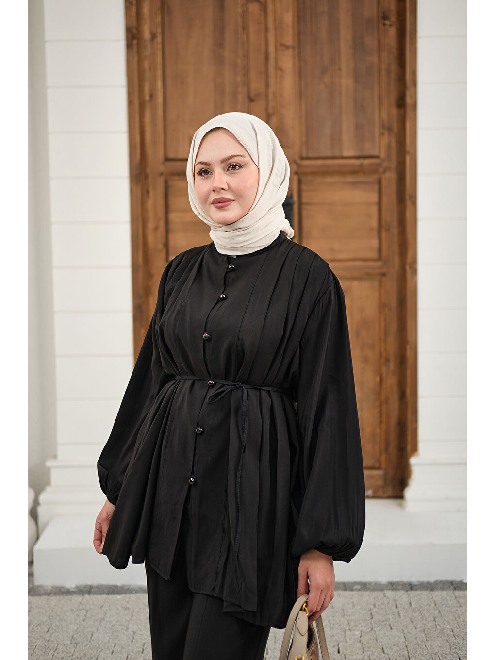 Kadın Çoban Düğmeli Pantolonlu Pilise Detay Takım Siyah-2