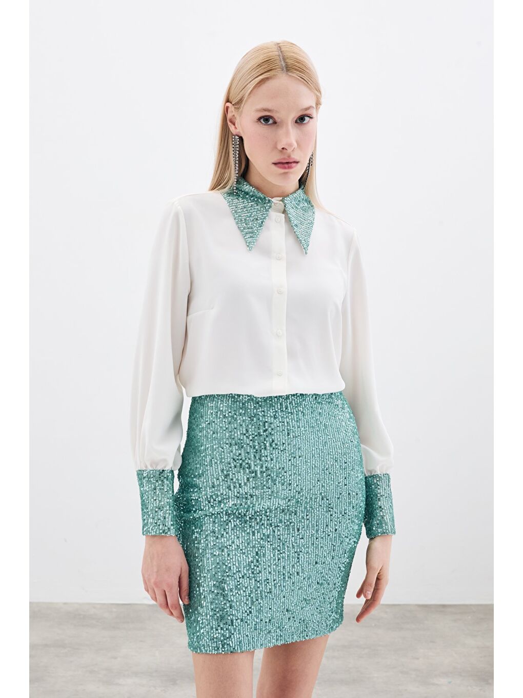 Payet Detaylı Gömlek - Ekru-Mint-2