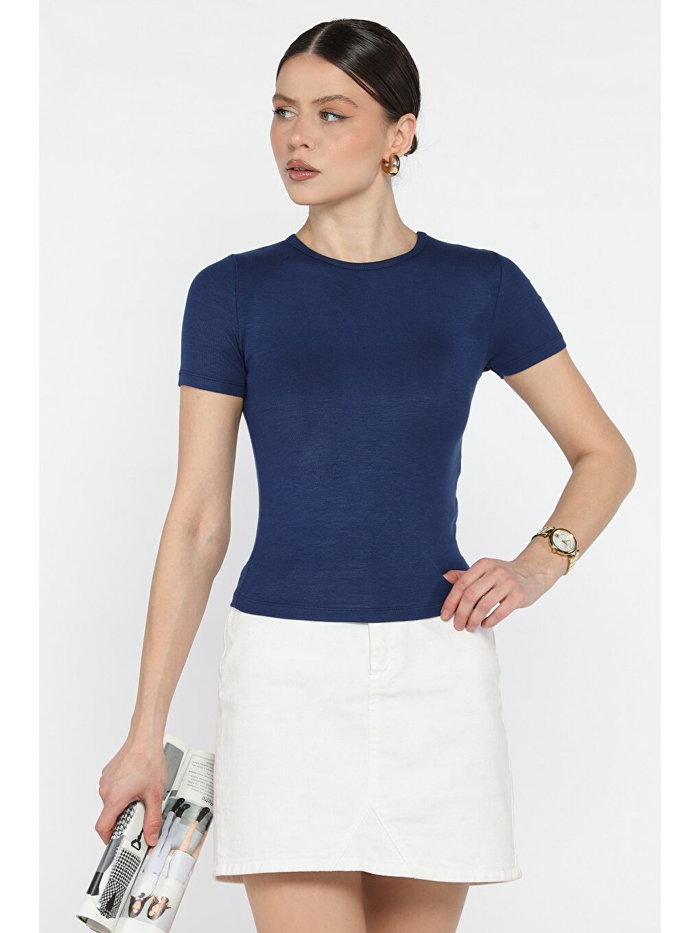 Lacivert Kadın Bisiklet Yaka Basic Tişört-1