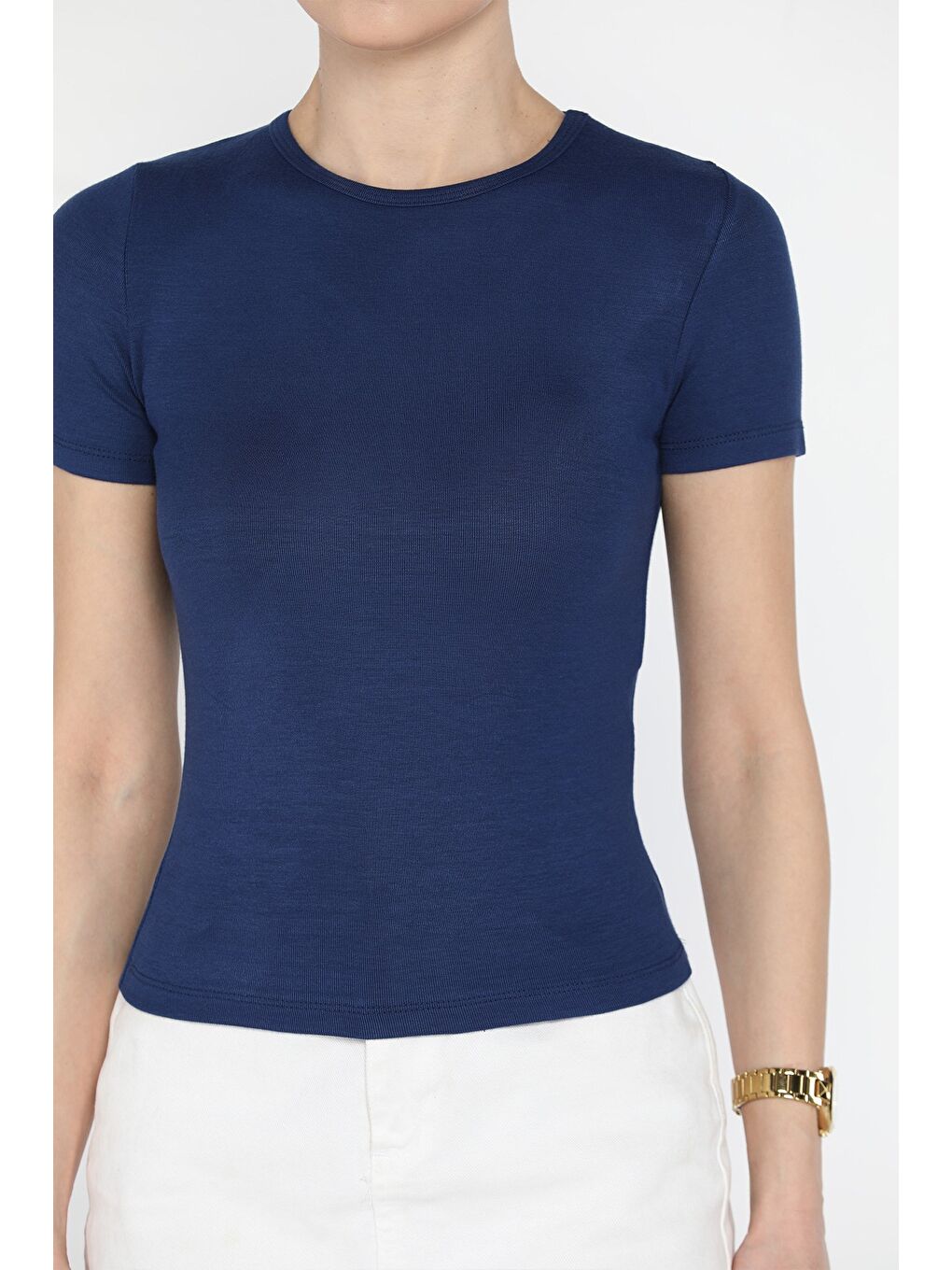 Lacivert Kadın Bisiklet Yaka Basic Tişört-2