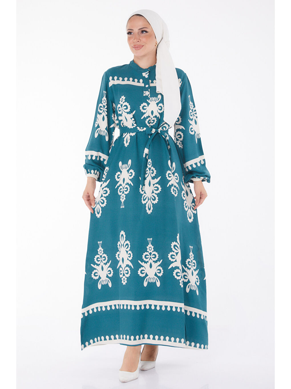 Yeşil Desenli Renkli Elbise Zumrut - 24989-1