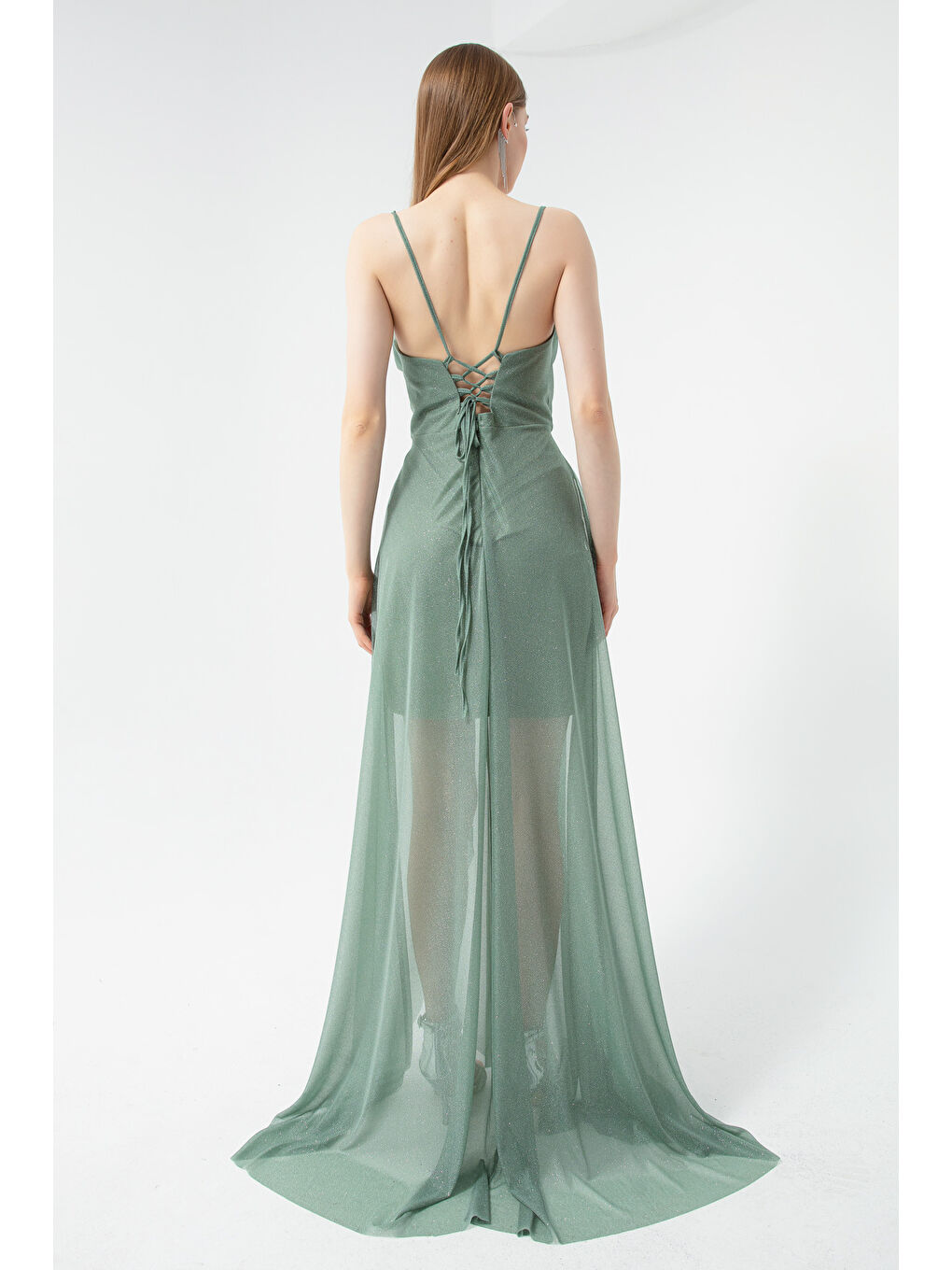 Kadın Mint Yeşili Göğüs Drapeli Volanlı Simli Abiye-4