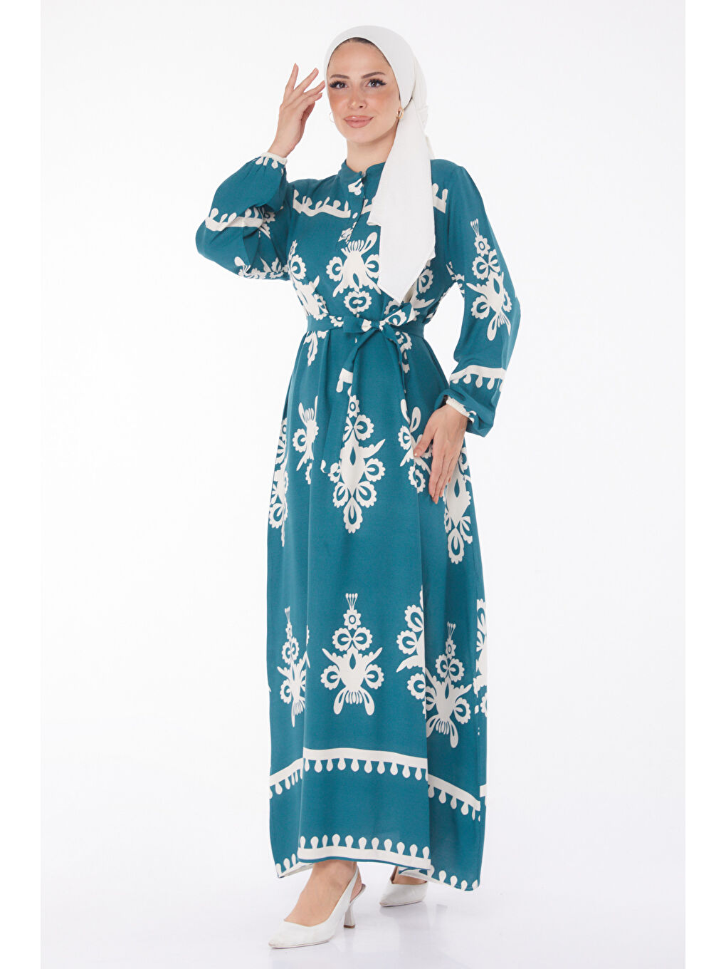 Yeşil Desenli Renkli Elbise Zumrut - 24989-2