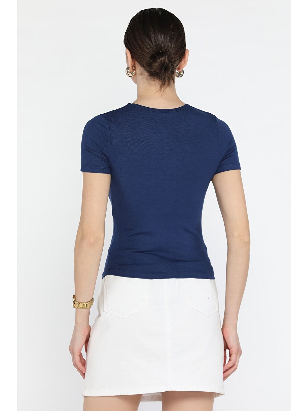 Lacivert Kadın Bisiklet Yaka Basic Tişört-3