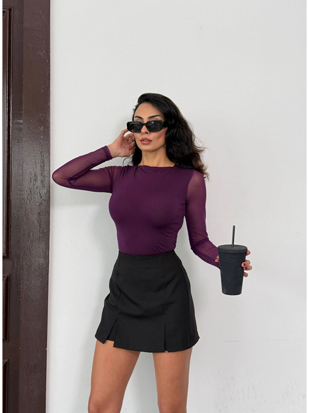 Kadın Mor Uzun Tül Kol Sandy Bluz HZL25W-FRY122521-3