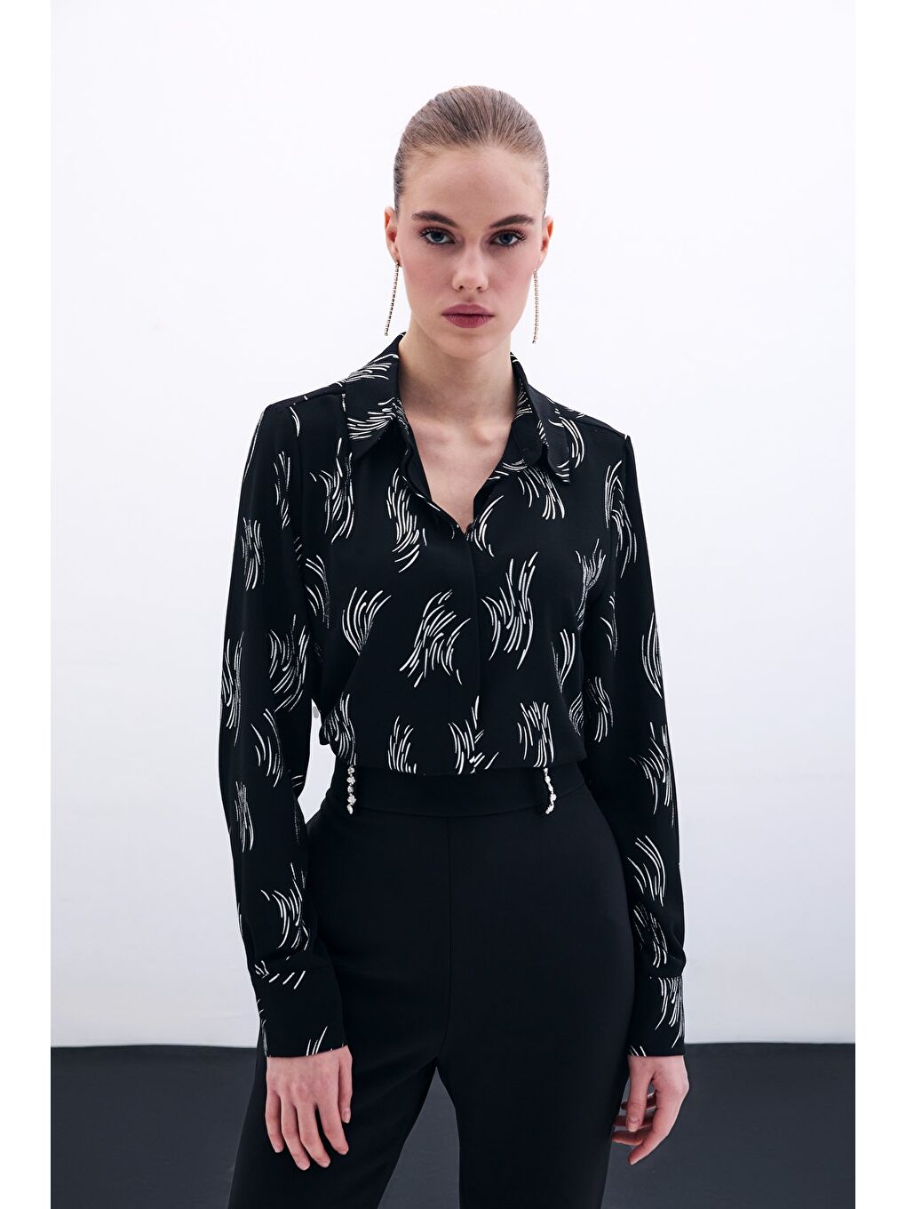 Gri Baskılı Klasik Gömlek - Gümüş-1