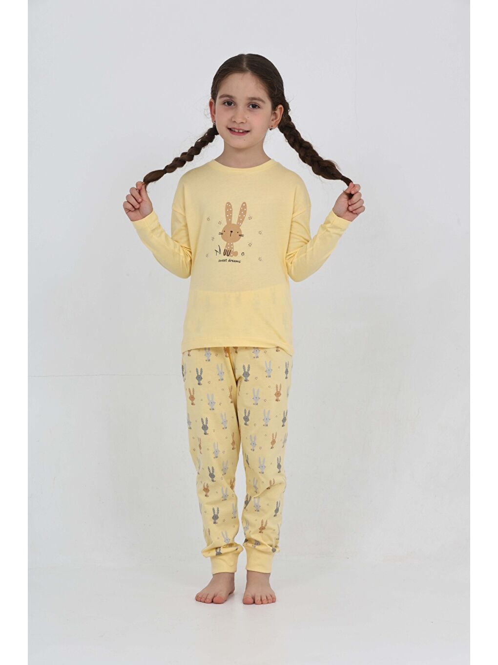 Sarı Kız Çocuk Tavşan Baskılı Pijama Takım