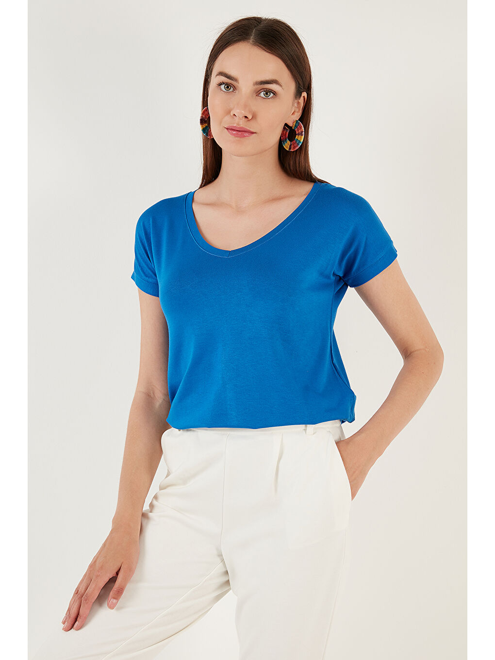 Mavi V Yaka Relaxed Fit Yırtmaç Detaylı 2'li Paket Bluz 5862000S2-1