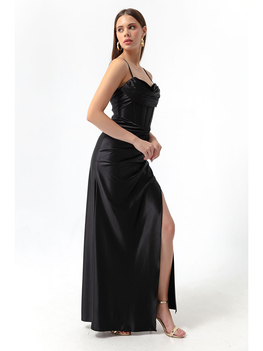 Kadın Siyah Balen Korse Detaylı Yırtmaçlı Uzun Abiye Elbise-2