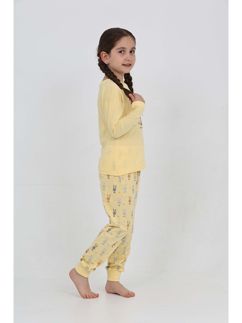 Sarı Kız Çocuk Tavşan Baskılı Pijama Takım-1