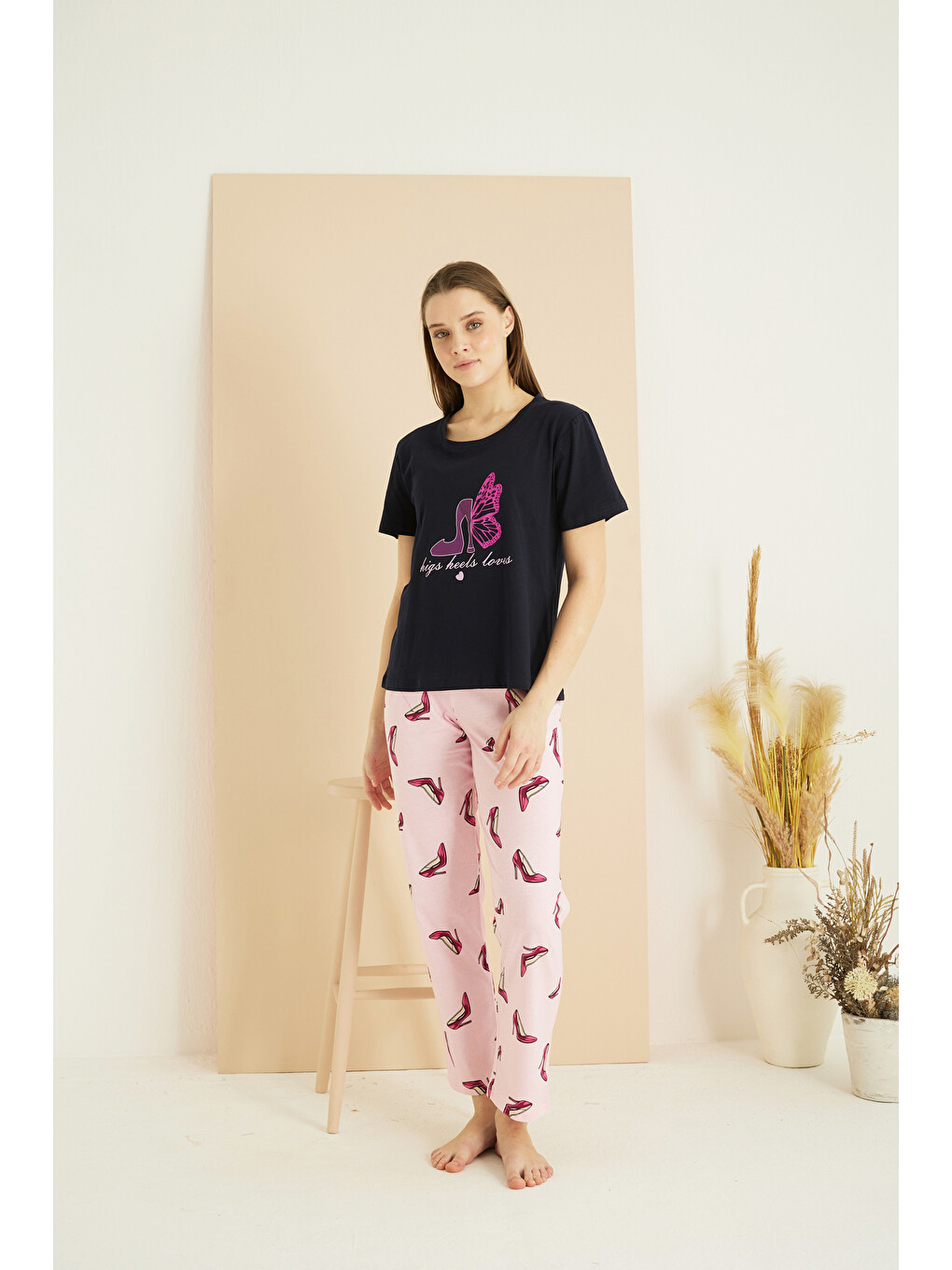 Lacivert Desenli Pamuklu Bisiklet Yaka Örme Pijama Takım25103264-1